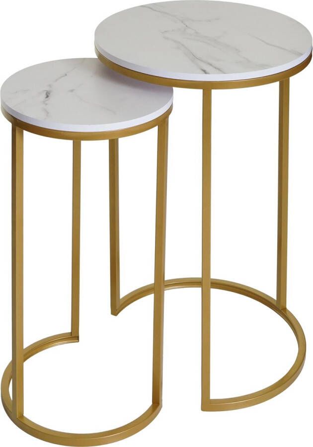 MCW Set van 2 bijzettafels -K46 salontafel nachtkastje loungetafel marmeren-look MVG-gecertificeerd MDF ~ wit-goud