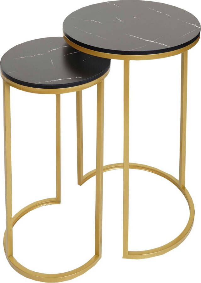 MCW Set van 2 bijzettafels -K46 salontafel nachtkastje loungetafel marmeren-look MVG-gecertificeerd MDF ~ zwart-goud