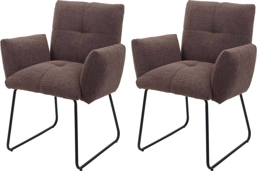 MCW Set van 2 eetkamerstoelen -K34 keukenstoel gestoffeerde stoel met armleuningen Oeko-Tex bouclé stof textiel metaal ~ bruin