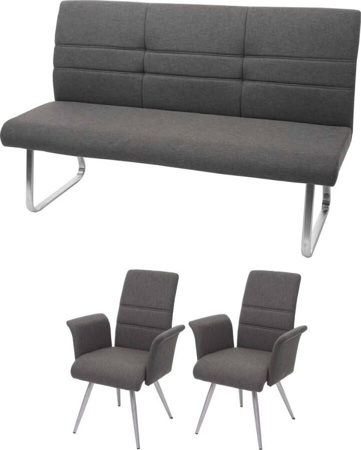 MCW Set van 2x eetkamerstoel + bankje -G55 bankje keukenstoel + armleuning stof textiel roestvrij staal ~ grijsbruin bankje 180cm