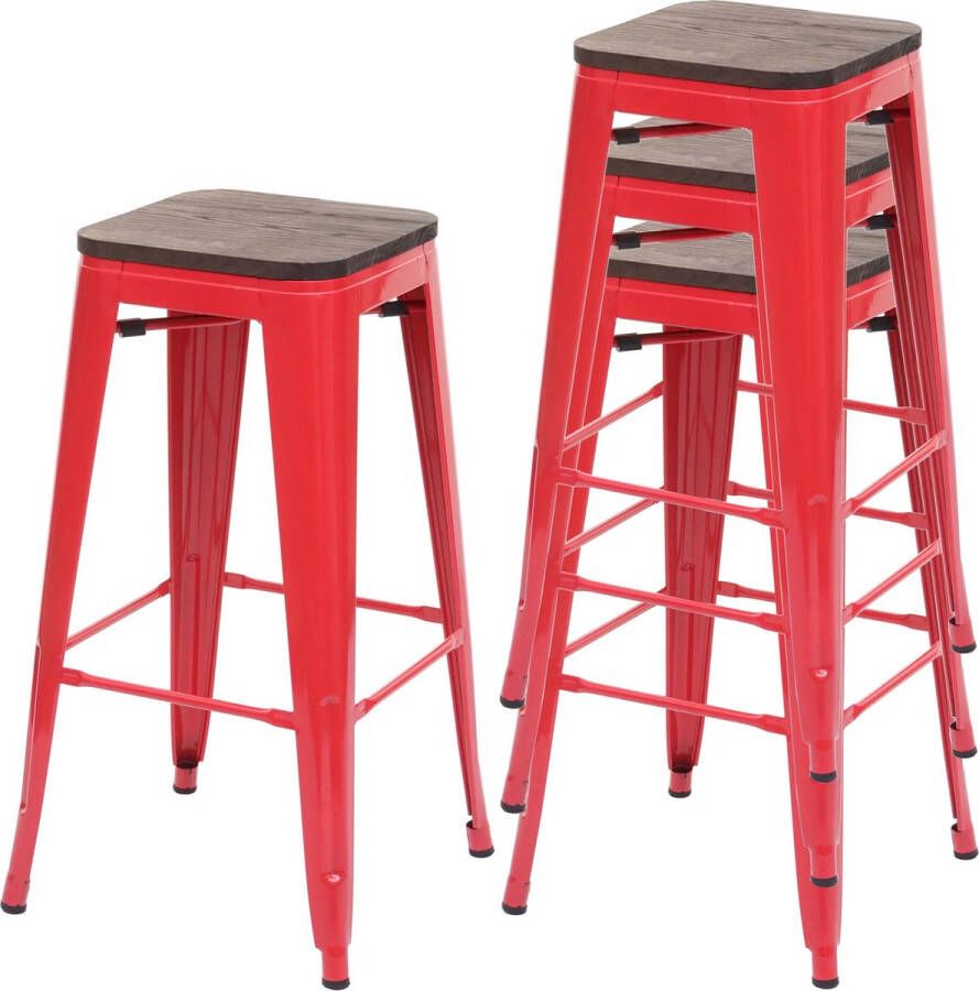MCW Set van 4 barkrukken -A73 incl. houten zitting barkruk tegenkruk metaal industrieel ontwerp stapelbaar ~ rood