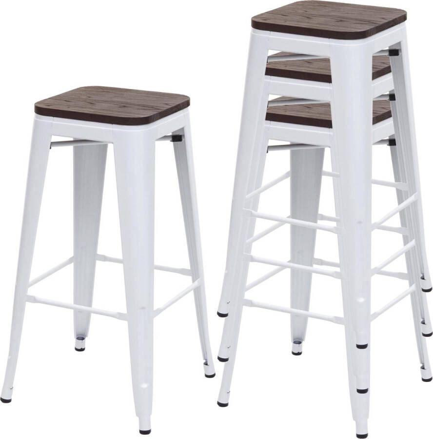 MCW Set van 4 barkrukken -A73 incl. houten zitting barkruk tegenkruk metaal industrieel ontwerp stapelbaar ~ wit