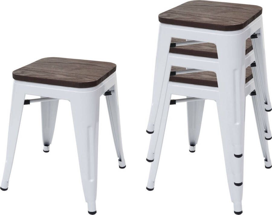 MCW Set van 4 krukken -A73 incl. houten zitting metalen kruk zitting kruk metalen industrieel ontwerp stapelbaar ~ wit