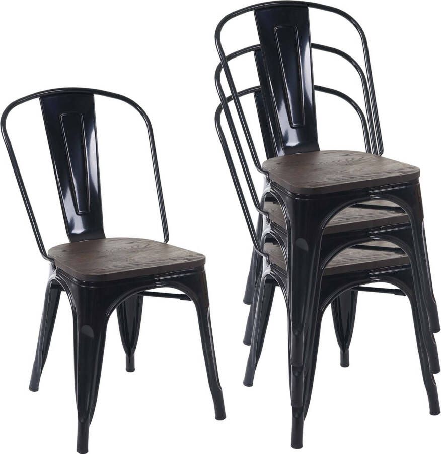 MCW Set van 4 stoelen -A73 incl. houten zitting bistrostoel stapelbaar metalen industrieel ontwerp stapelbaar ~ zwart
