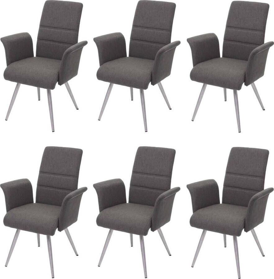 Set van 6 eetkamerstoelen MCW-G55 keukenstoel Stoel met armleuningen stof textiel geborsteld roestvrij staal ~ grijsbruin