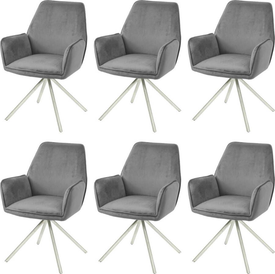 MCW Set van 6 eetkamerstoelen -G67 keukenstoel armleuning draaibare auto positie fluweel MVG ~ donkergrijs roestvrij staal