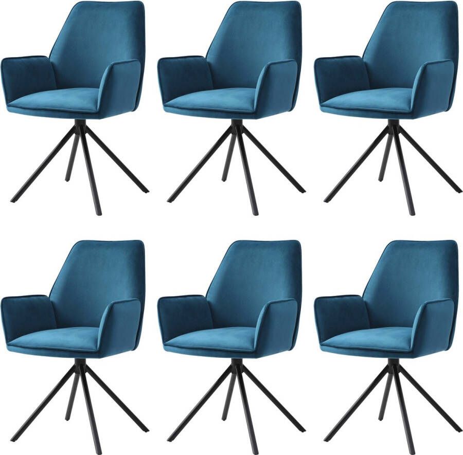 MCW Set van 6 eetkamerstoelen -G67 keukenstoel armleuning draaibare auto positie fluweel MVG ~ turquoise-blauw zwarte poten