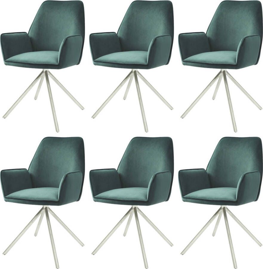 MCW Set van 6 eetkamerstoel -G67 keukenstoel armleuning draaibare auto positie fluweel MVG ~ groen roestvrij staal