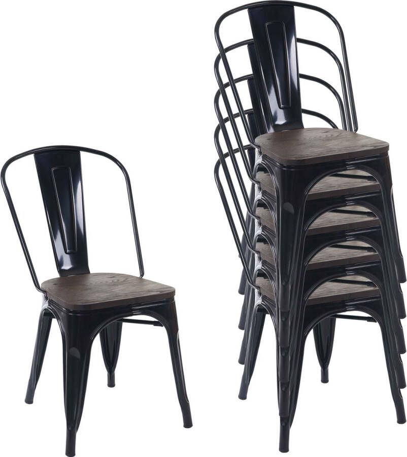 MCW Set van 6 stoelen -A73 incl. houten zitting bistrostoel stapelstoel metalen industrieel ontwerp stapelbaar ~ zwart