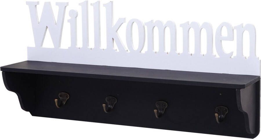 MCW Wandkapstok -D41 Welkom kapstok plank 4 haken solide 30x60x13cm ~ zwart wit