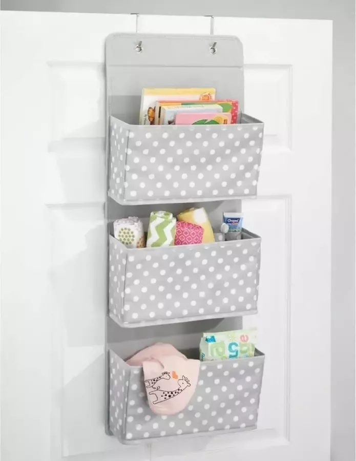 MDESİGN Praktisch hangrek van stof hangende organizer met 3 grote vakken stoffen rek voor de deur van kunstvezel voor de kinderkamer lichtgrijs en wit gestippeld - Foto 2