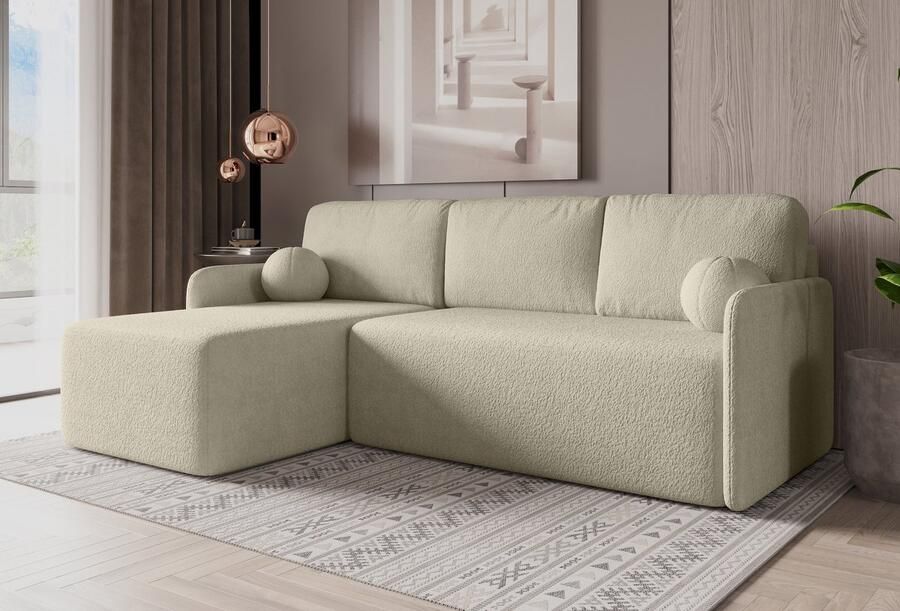 Meble Grand Slaapbank Hoekbank Bloom Beige – Moderne Uitklapbare Hoekbank met Slaapfunctie – Logeerbed 198x123 cm – Stoffen Hoekbank met Kussens – Met Opbergruimte – Voor Woonkamer Studio of Logeerkamer – Industriële Stijl