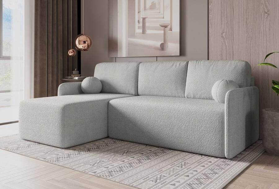 Meble Grand Slaapbank Hoekbank Bloom Grijs – Moderne Uitklapbare Hoekbank met Slaapfunctie – Logeerbed 198x123 cm – Stoffen Hoekbank met Kussens – Met Opbergruimte – Voor Woonkamer Studio of Logeerkamer – Industriële Stijl