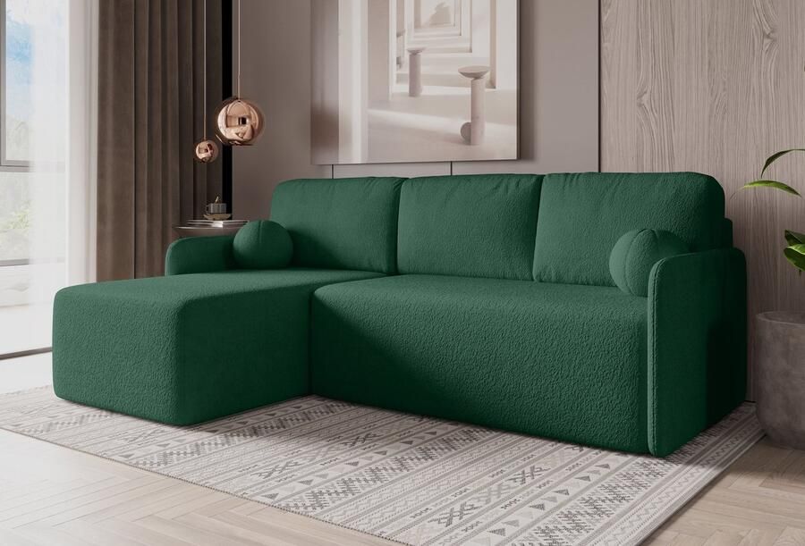 Meble Grand Slaapbank Hoekbank Bloom Groen – Moderne Uitklapbare Hoekbank met Slaapfunctie – Logeerbed 198x123 cm – Stoffen Hoekbank met Kussens – Met Opbergruimte – Voor Woonkamer Studio of Logeerkamer – Industriële Stijl