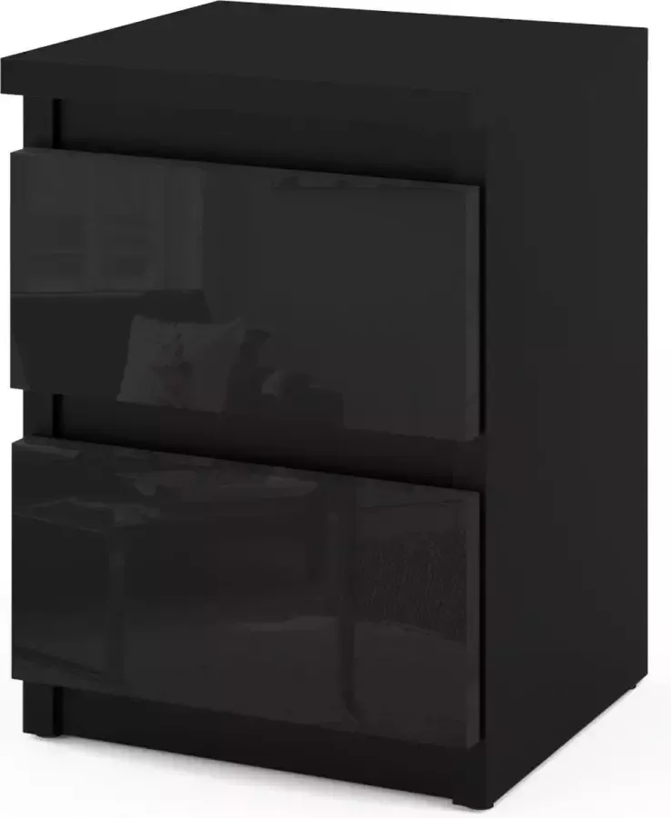 Beste Prijss Beste Prijs Nachtkastje mat zwart met 2 hoogglans zwarte lades 30 x 39 5 x 28 cm