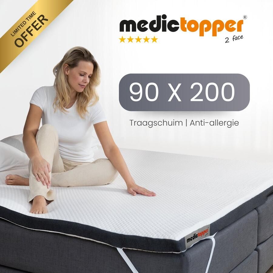 MedicTopper Premium Topper Matras 90x200 cm Traagschuim Topper Top Matras 90 x 200 x 8 Matrastopper Topmatras & Oplegmatras Verkoelende Topdekmatras & Topmatrassen Topping Matelas voor Boxspring Bed Afritsbaar & Wasbaar 30 Dagen Proefslapen