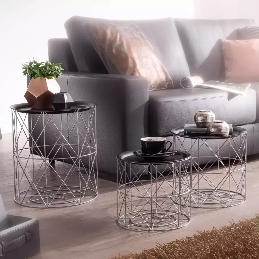 Medina Bijzettafels Set Van 3 Metalen Bijzettafels Zwart Zilver Afneembaar Dienblad