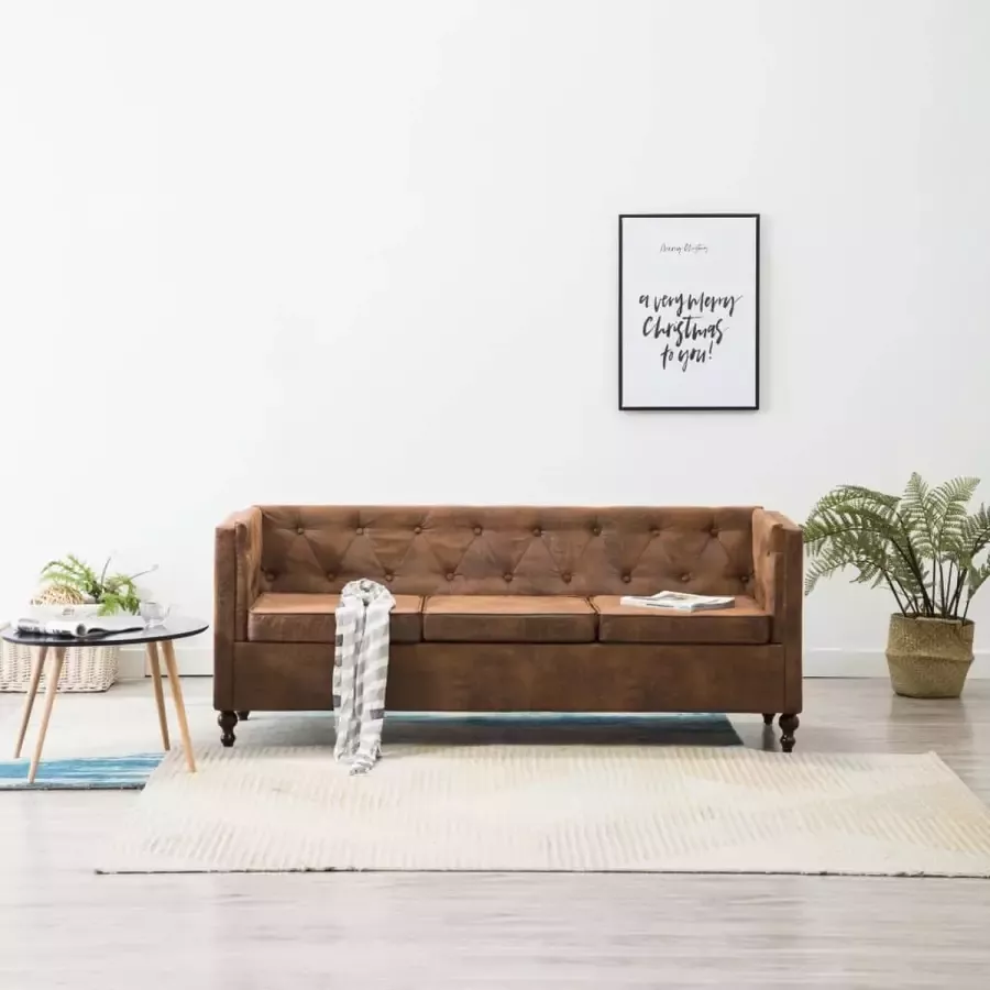 Medina Driezitsbank Chesterfield-stijl suède-look stoffen bekleding bruin