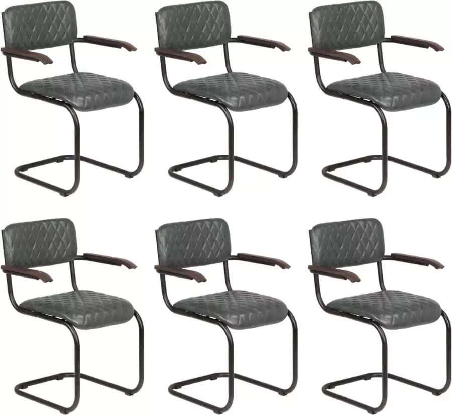 Medina Eetkamerstoelen 6 st met armleuningen echt leer grijs