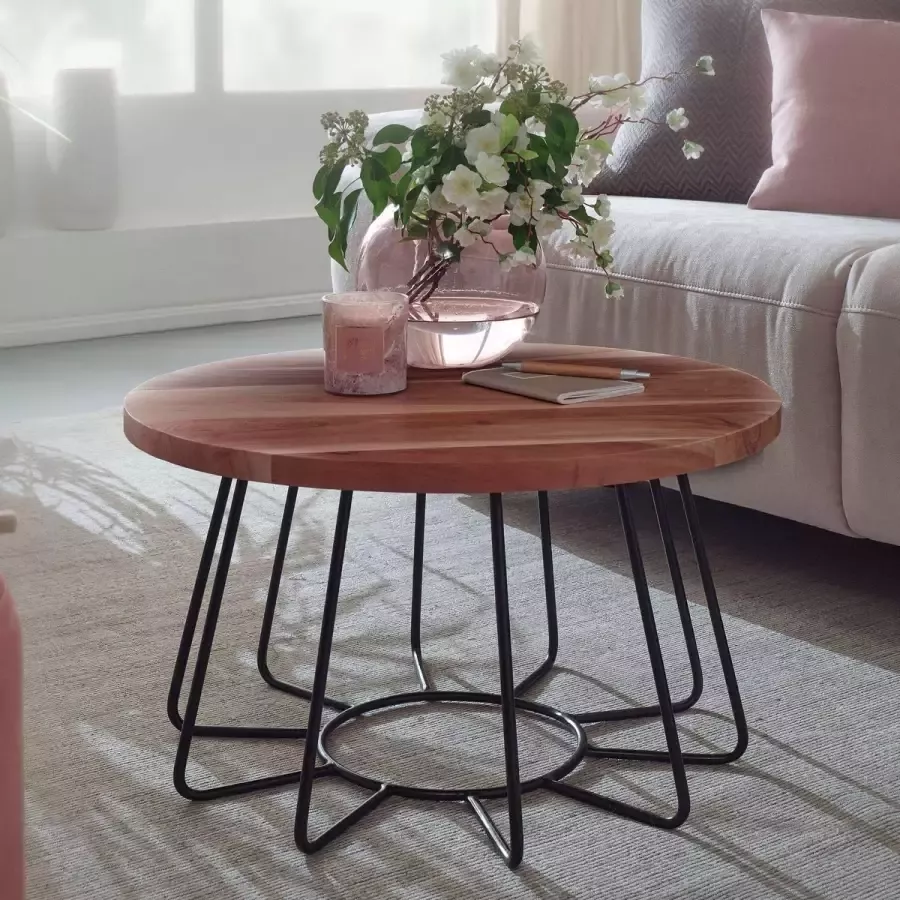 Medina Holyoke Salontafel Massief Houten Tafel Acaciahout Rond Bijzettafel 60 cm RVS Bruin Zwart