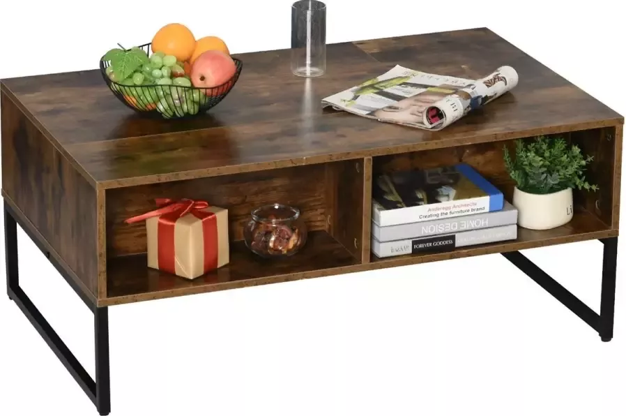 medina Pasadena Salontafel Koffietafel In Hoogte Verstelbaar Blad 100L x 60D x 40H cm Opbergruimte Toplift Ruimtebesparend Bruin Bewerkt Hout Staal Grame