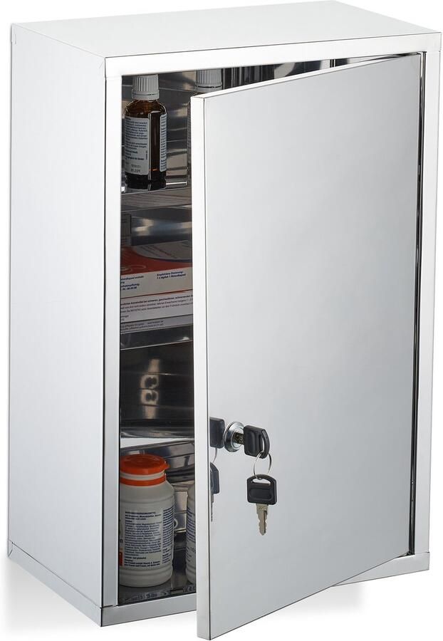 Meerkloos medicijnkastje met slot 3 vakken 45x30x18 cm glanzend rvs hangend