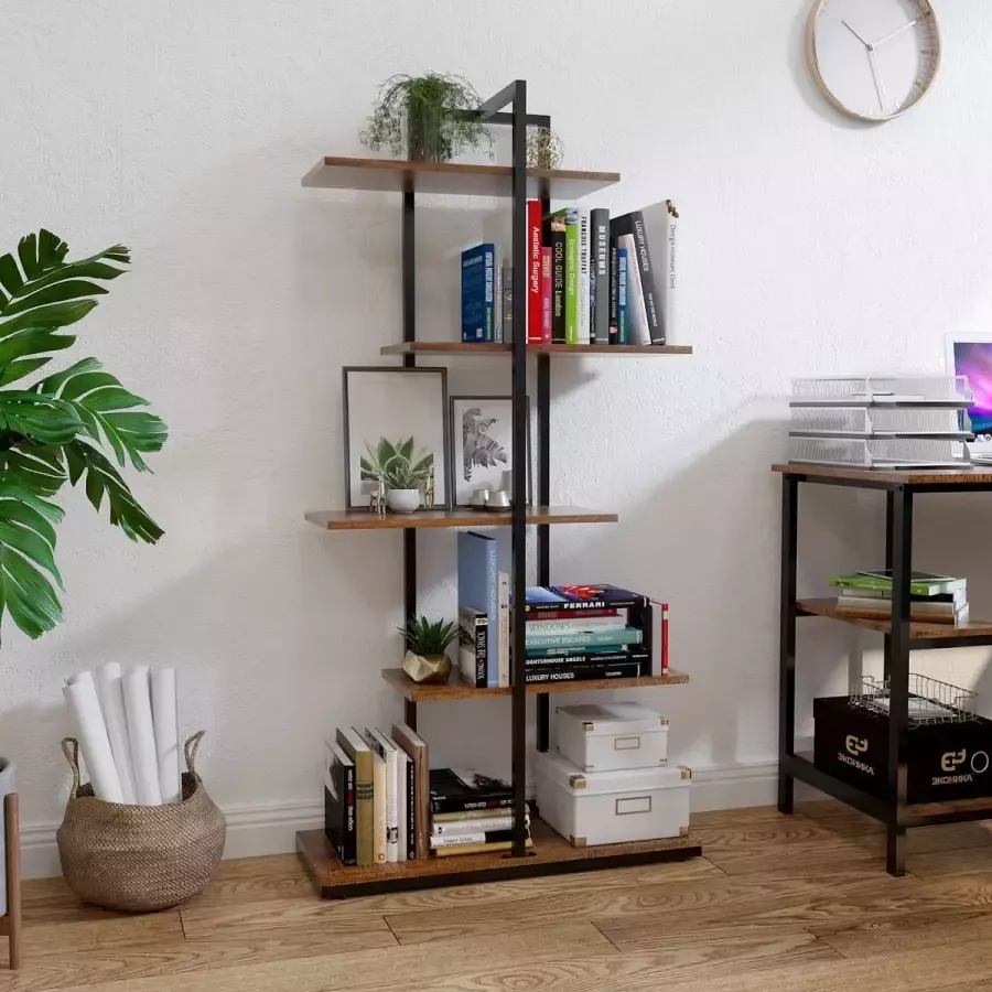 Meerveil Boekenkast Plankenkast Industrieel Split level Asymmetrisch met 5 niveaus Bruin & Zwart Display 145 x 74 x 28 cm