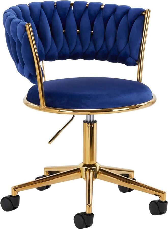 Mega Beauty Shop Bureaustoel LUX Donker blauw Fluweel salonstoel decor visagie stoel kapper stoel fluweel gouden stoel bureaustoel