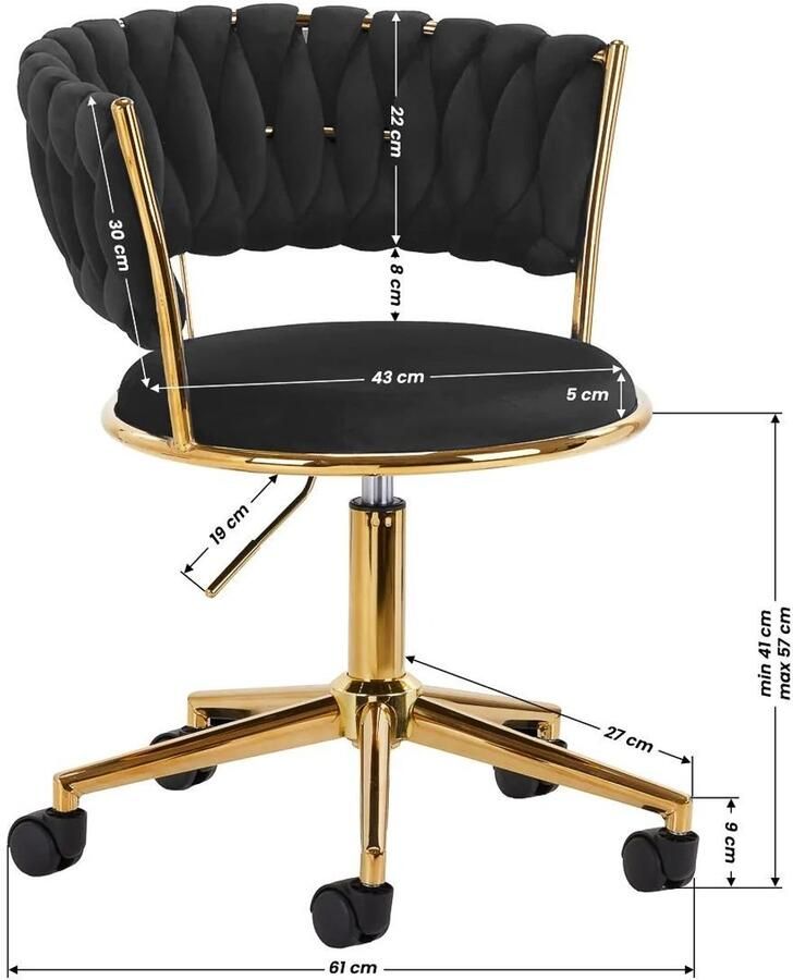 Mega Beauty Shop Draaistoel LUX zwart fluweel salonstoel decor visagie stoel kapper stoel fluweel gouden stoel bureaustoel