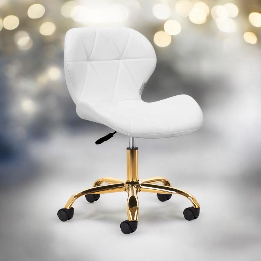 MEGA BEAUTY SHOP Werkstoel Wit-goud- Bureaustoel Werkkruk rugleuning -In hoogte verstelbaar -krukjes werkkruk bureaukruk