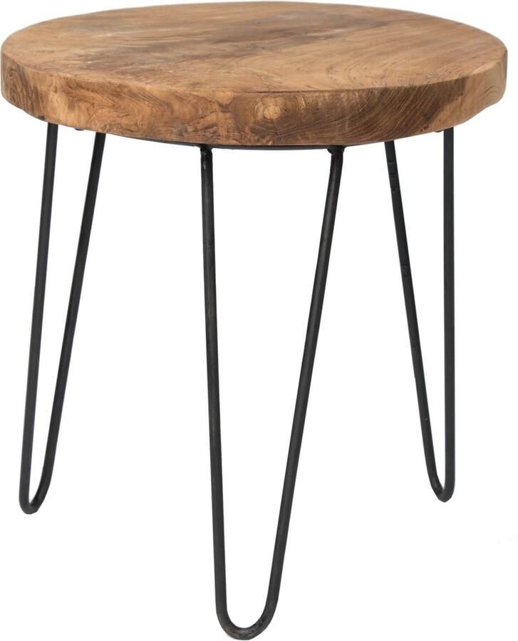 Merkloos Mega Collections Bijzettafeltje krukje Decowood teak hout metaal D40 x H45 cm Bijzettafels