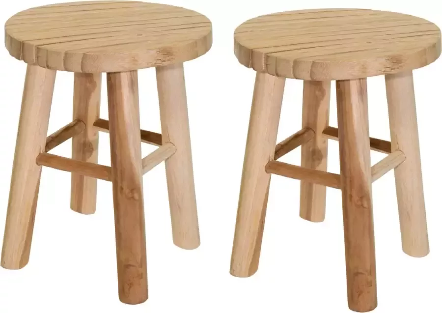 Mega Collections Zit krukje bijzet stoel 2x teak hout lichtbruin D29 x H40 cm Krukjes
