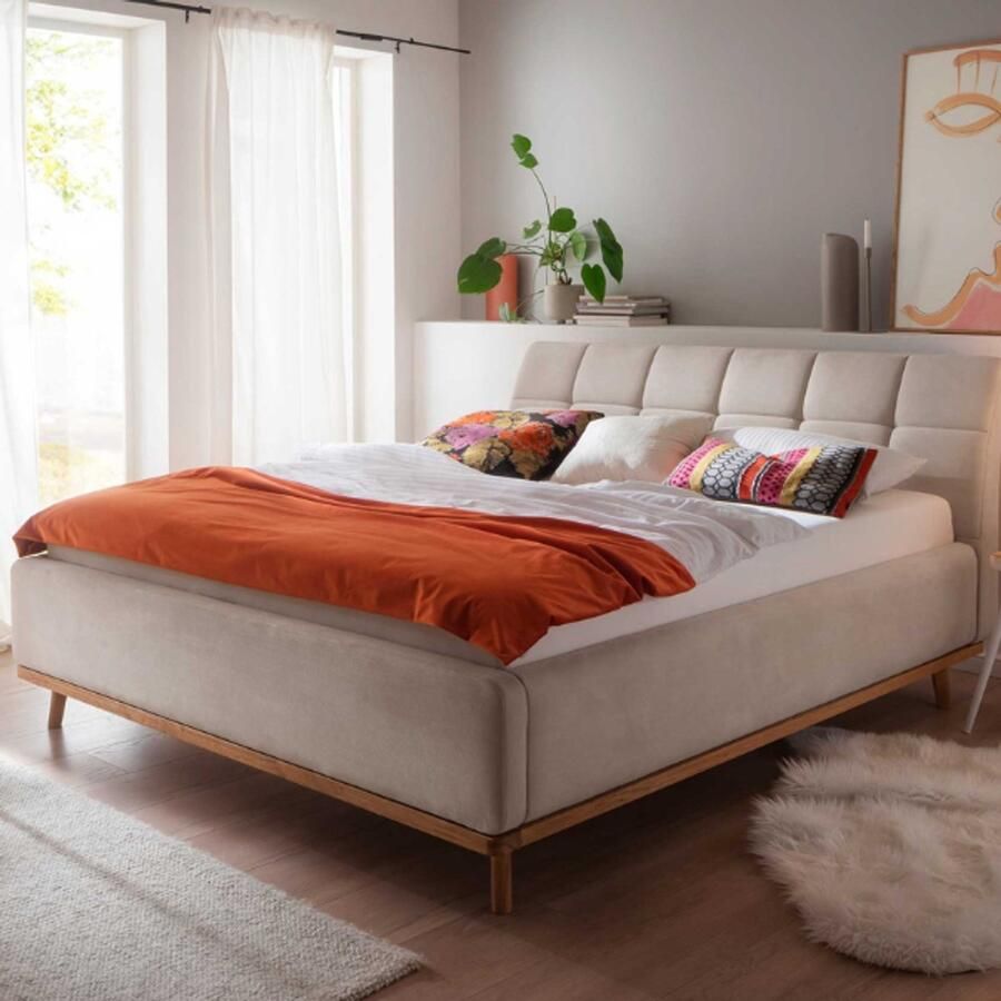 Meise EMOB Gecapitonneerd bed Cézanne 160x200cm met opbergruimte beige eik Gestoffeerde tweepersoonsbedden Beige Polyester Gestoffeerde tweepersoonsbedden Tweepersoons Normaal bed Op voorraad