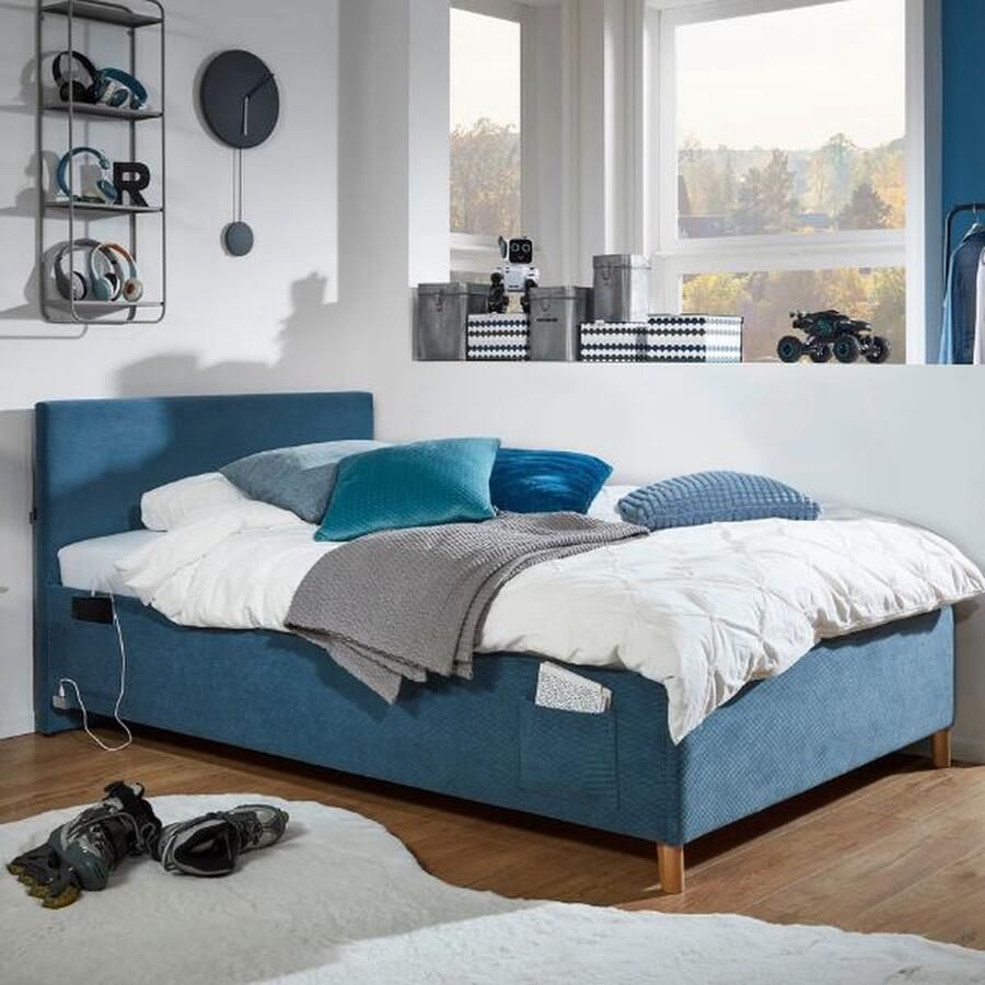 Meise.möbel Kinderledikant Blauw Bekleed bed naar keuze met bedkist tienerbed inclusief USB-aansluiting