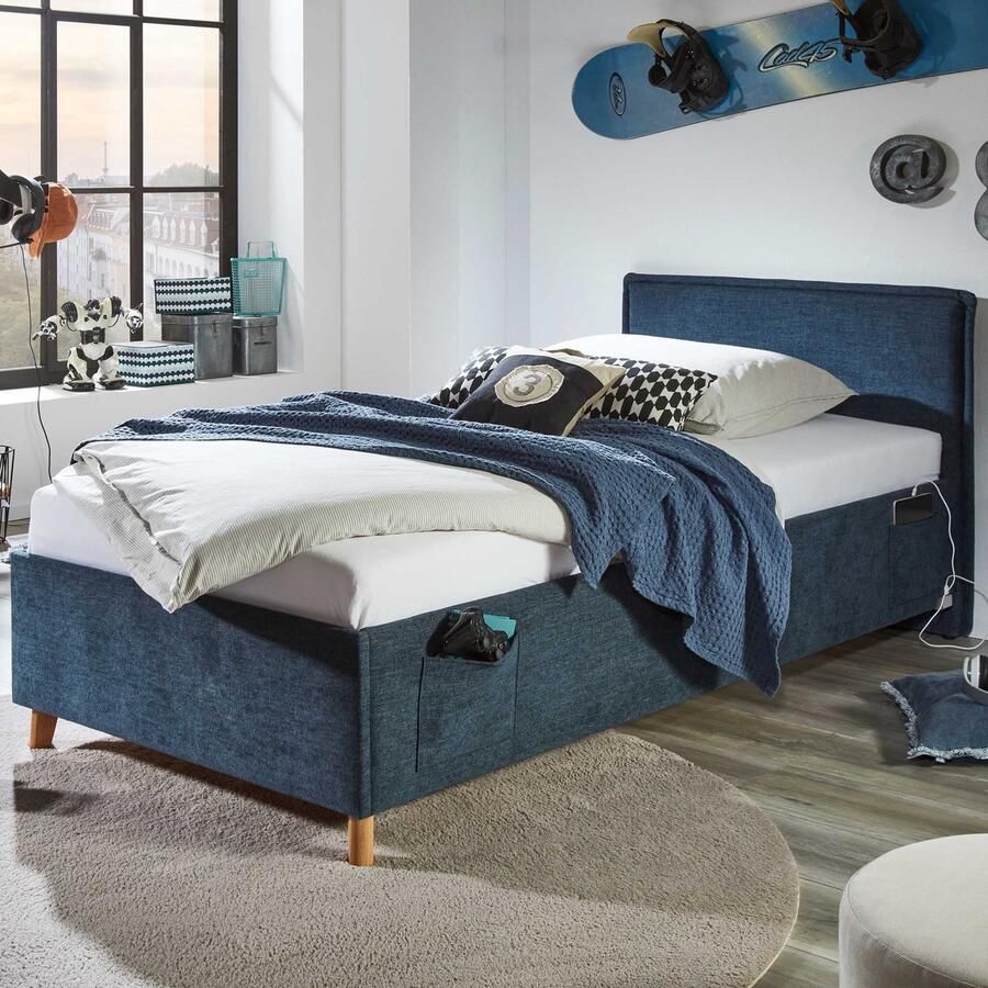 Meise Kofferbed Ollie 120 X 200 Cm Blauw Design Eenpersoons Gestoffeerd Bed Blauw Stof Twijfelaar (120 Cm Breed) Normaal Bed