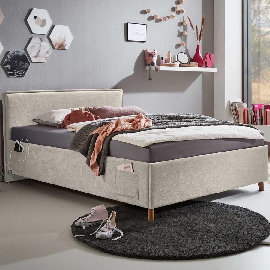 Meise Kofferbed Ollie 90 X 200 Cm Beigekleurig Design Eenpersoons Gestoffeerd Bed Beige Stof Eenpersoons Normaal Bed