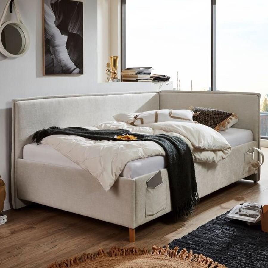 Meise EMOB Kofferbed Ollie Met rugleuning 90 x 200 cm Beigekleurig design Gestoffeerde eenpersoonsbedden Beige Stof Gestoffeerde eenpersoonsbedden Eenpersoons Normaal bed Op voorraad - Foto 2