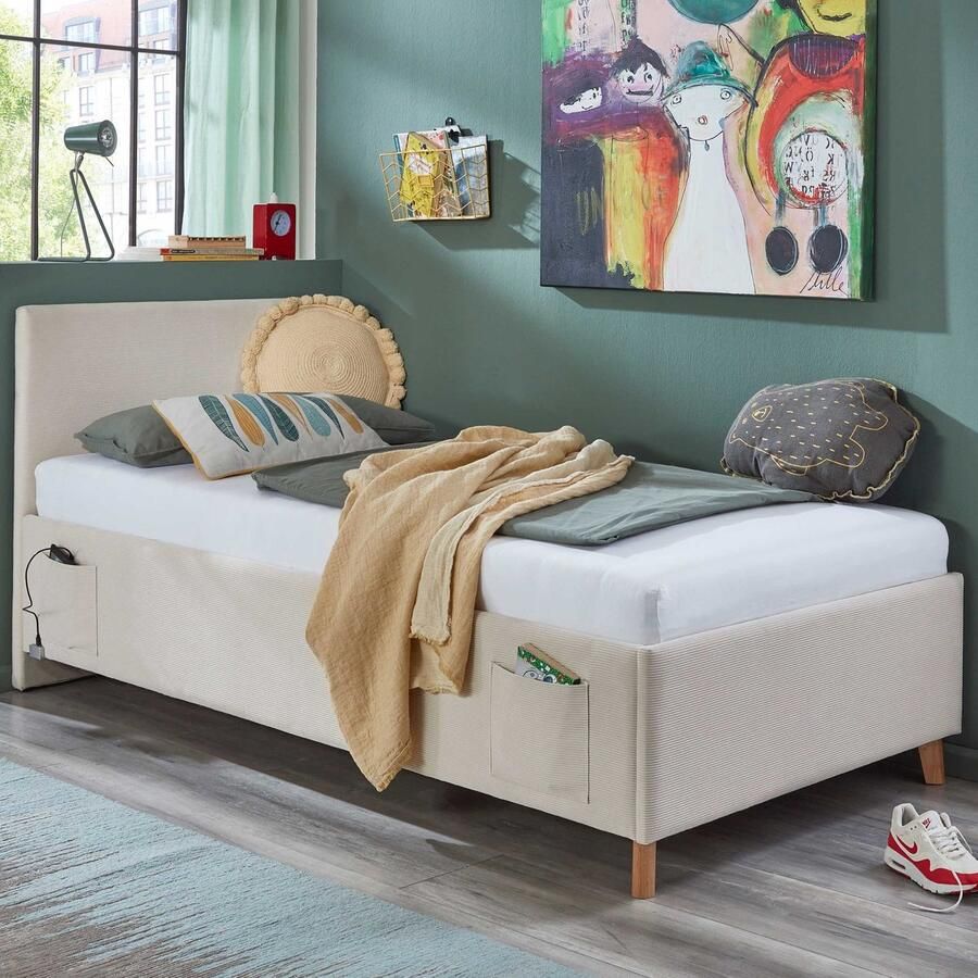 Meise.möbel Kinderledikant Blauw Bekleed bed naar keuze met bedkist tienerbed inclusief USB-aansluiting