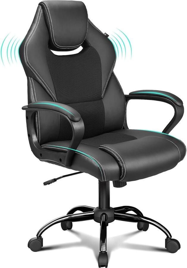 Meisterhome Ergonomische bureaustoel Metalen Onderstel met wieltjes Gamestoel – Draaistoel – Wipfunctie – Hoogteverstelling Gevoerde armleuningen Executive stoel Zwart