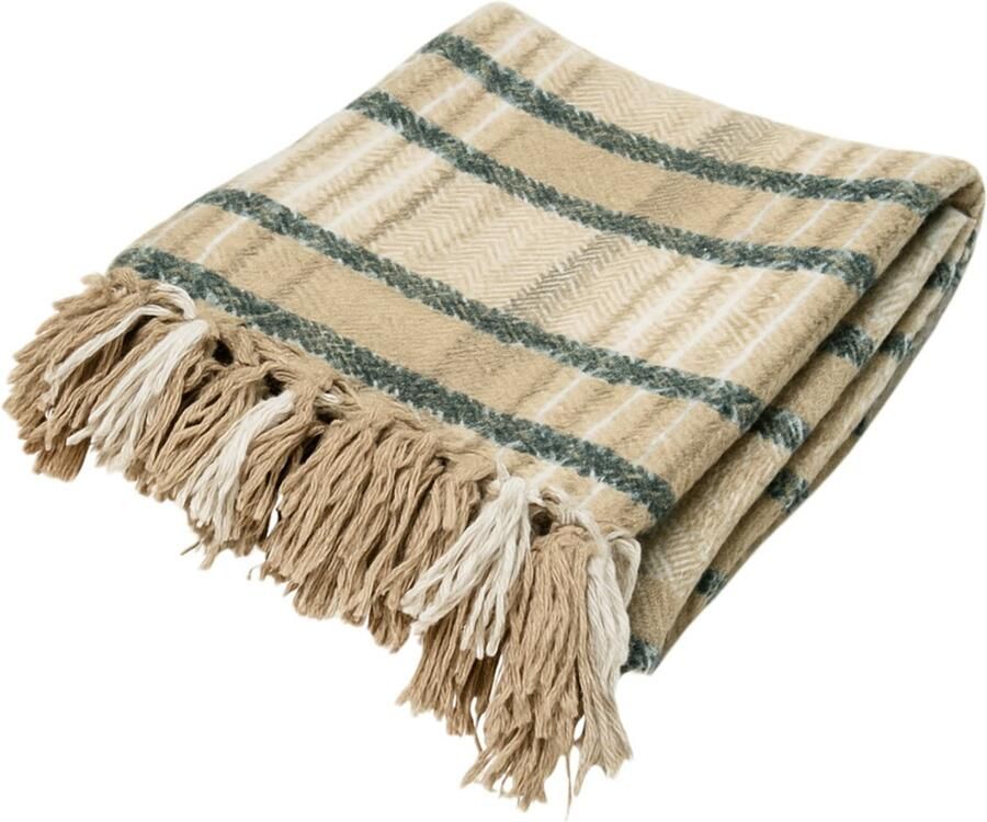 Meisterhome Luxe Fleece deken fleece plaid – Geruit Beige Groen Outdoor 130 x 160 cm Retro Vintage luxe woonplaid warm soft design zachte deken Bank Plaid voor Woonkamer & Slaapkamer