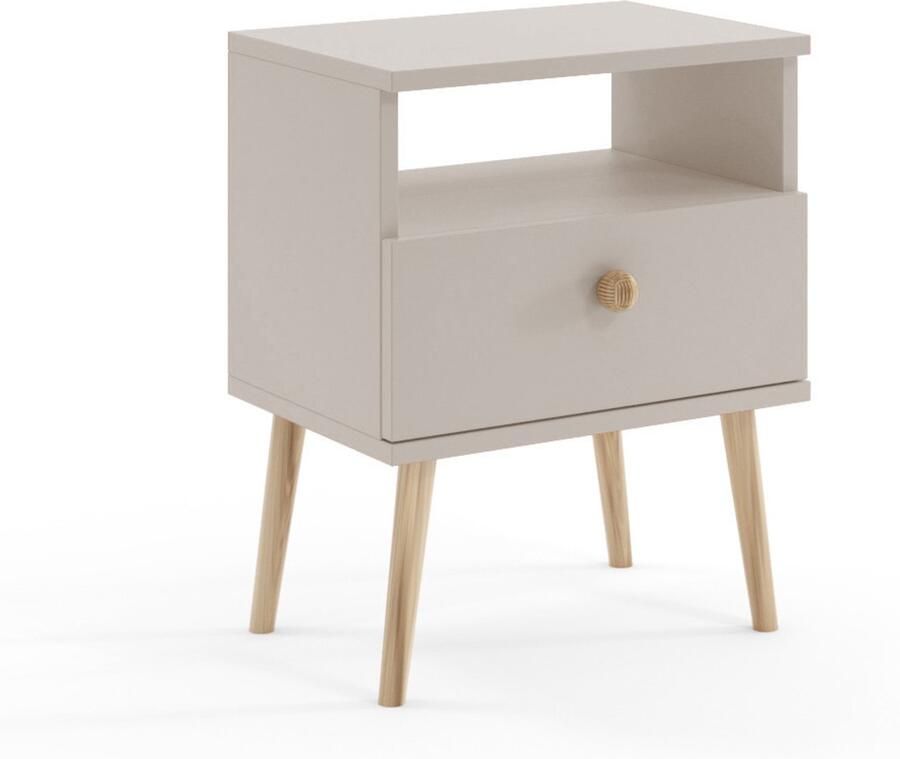 MELIMEBLE BOHO Nachtkastje Taupe – 55 5 cm Hoog – Met Lade en Open Opbergvak – Massief Houten Poten – Jute Handgreep – Licht Praktisch en Sfeervol – Voor Slaapkamer of Logeerkamer – Bohemian Design – Europese Kwaliteit