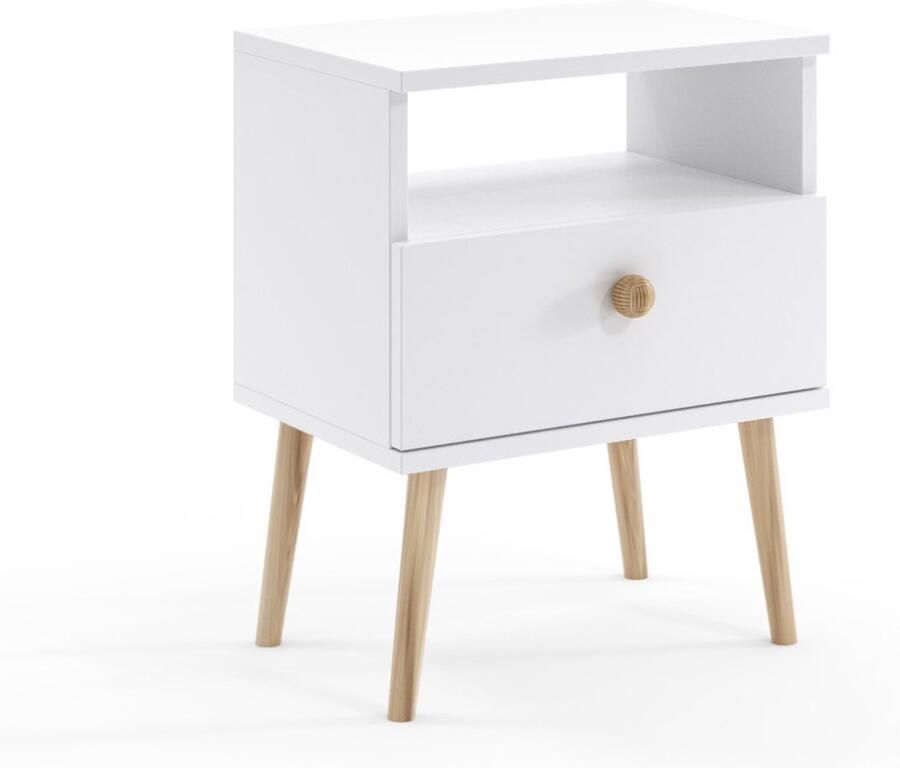 MELIMEBLE BOHO Nachtkastje Wit – 55 5 cm Hoog – Met Lade en Open Opbergvak – Massief Houten Poten – Jute Handgreep – Licht Praktisch en Sfeervol – Voor Slaapkamer of Logeerkamer – Bohemian Design – Europese Kwaliteit