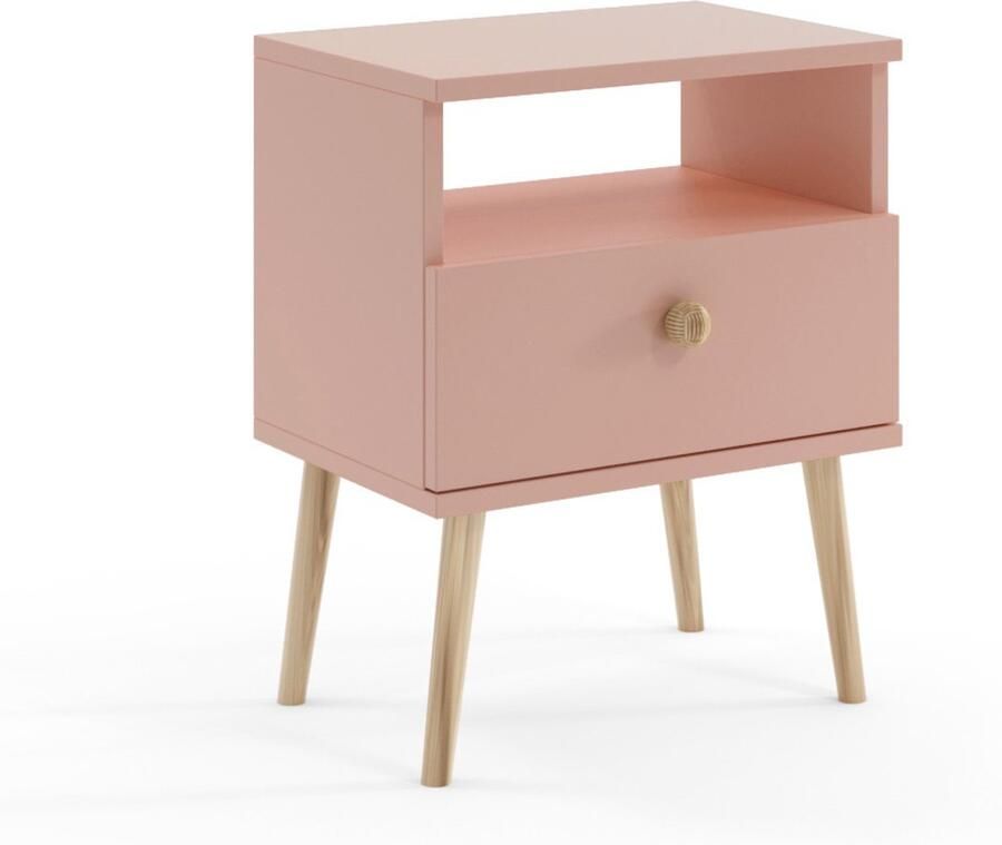 MELIMEBLE BOHO Nachtkastje Zachtroze – 55 5 cm Hoog – Met Lade en Open Opbergvak – Massief Houten Poten – Jute Handgreep – Licht Praktisch en Sfeervol – Voor Slaapkamer of Logeerkamer – Bohemian Design – Europese Kwaliteit