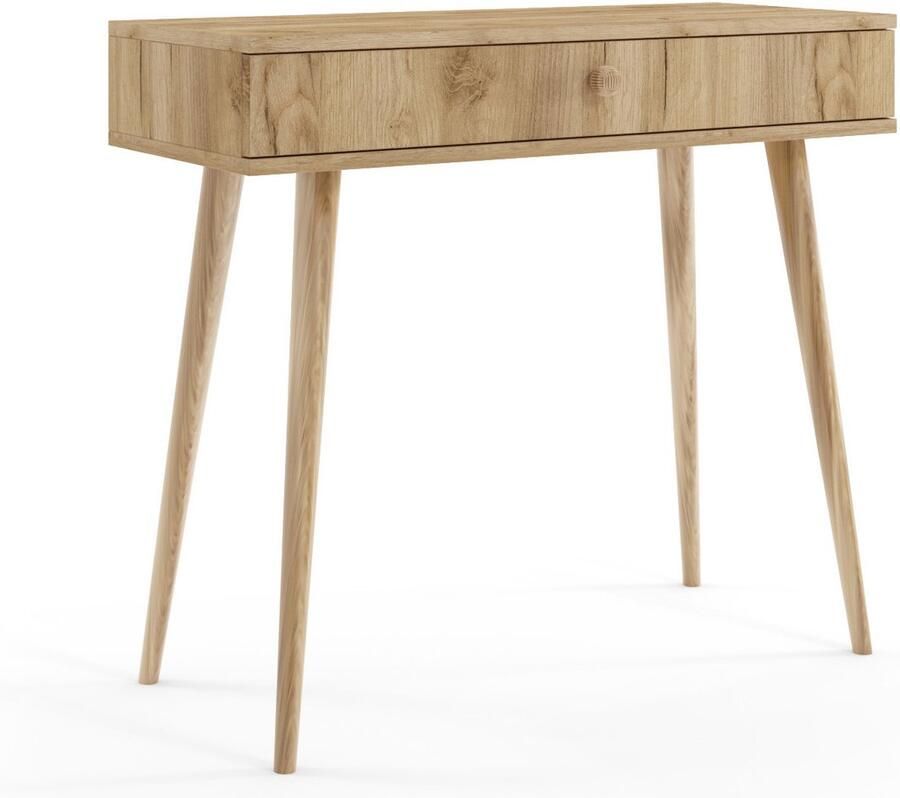 MELIMEBLE BOHO Sidetable Wandtafel Eiken – 80 cm Hoog – Met Lade en Open Opbergvak – Massief Houten Poten – Jute Handgreep – Licht Praktisch en Stijlvol – Voor Hal Slaapkamer of Kantoor – Bohemian Design – Europese Kwaliteit