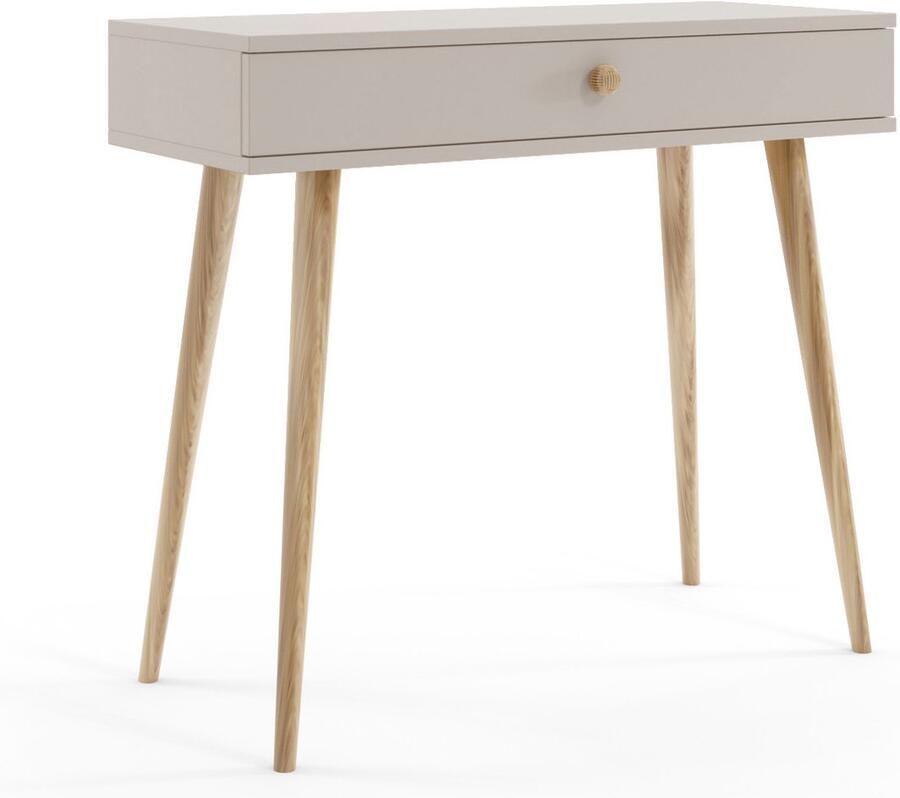 MELIMEBLE BOHO Sidetable Wandtafel Taupe – 80 cm Hoog – Met Lade en Open Opbergvak – Massief Houten Poten – Jute Handgreep – Licht Praktisch en Stijlvol – Voor Hal Slaapkamer of Kantoor – Bohemian Design – Europese Kwaliteit
