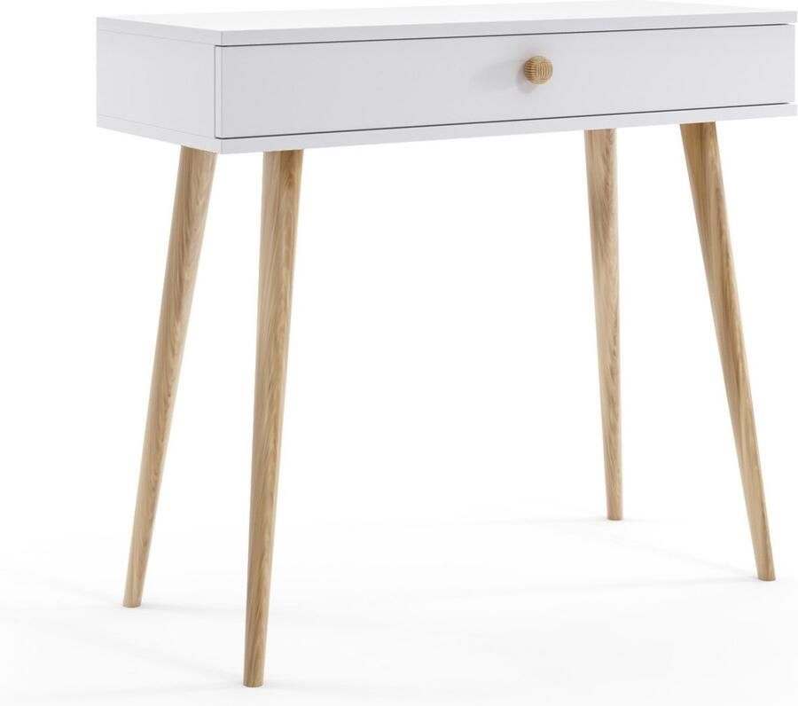 MELIMEBLE BOHO Sidetable Wandtafel Wit – 80 cm Hoog – Met Lade en Open Opbergvak – Massief Houten Poten – Jute Handgreep – Licht Praktisch en Stijlvol – Voor Hal Slaapkamer of Kantoor – Bohemian Design – Europese Kwaliteit