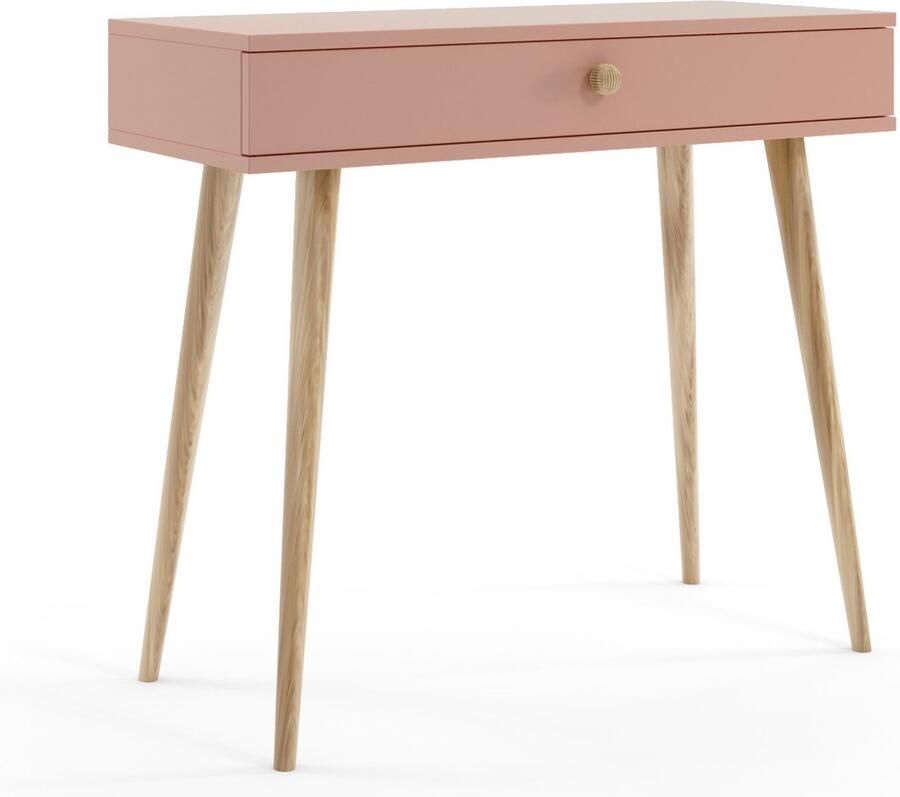 MELIMEBLE BOHO Sidetable Wandtafel Zachtroze – 80 cm Hoog – Met Lade en Open Opbergvak – Massief Houten Poten – Jute Handgreep – Licht Praktisch en Stijlvol – Voor Hal Slaapkamer of Kantoor – Bohemian Design – Europese Kwaliteit