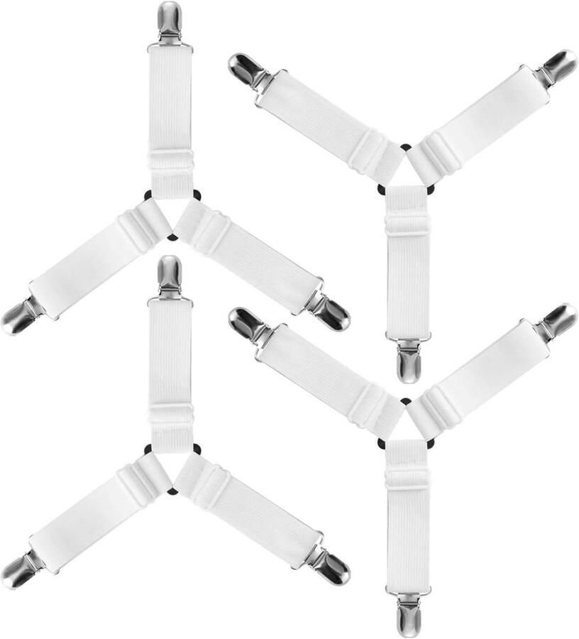 Memkey 4 stuks driehoekige elastische hoeslakenspanner verstelbare riemsluiting voor beddengoed laken strijkplank matras bank