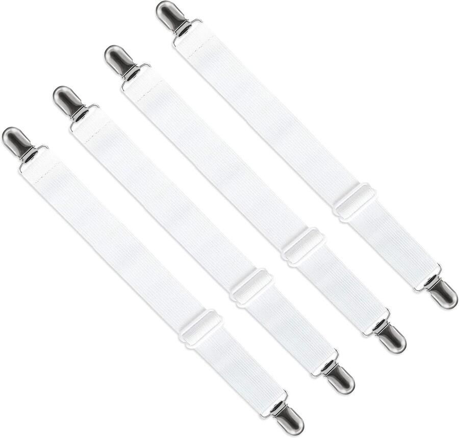 Memkey Verstelbare hoeslakenspanner (65 cm tot 200 cm) verstelbare riemsluiting voor laken bank strijkplankhoes (wit verpakking van 4)