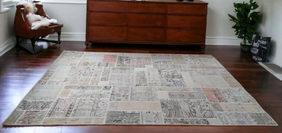 Vintage Patchwork Vloerkleed 170x230cm Beige Uniek handgemaakt Origineel tapijt Laagpolig Vloerkleed – Anti slip Tapijt Duurzame en Natuurlijke Materialmen Moderne Vloerkleed Handgeknoopte Turkse Tapijten -Exclusief Vloerkleed